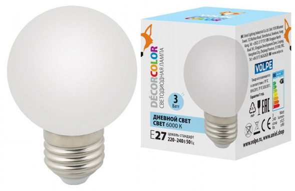 ЭЛЕКТРИКА VOLPE LED-G60-3W/6000K/E27/FR/С