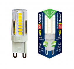 ЛАМПЫ СВЕТОДИОДНЫЕ (G4, G9, G13/T8, G5/T5) UNIEL (UL-00006748) LED-JCD-5W/3000K/G9/CL GLZ09TR