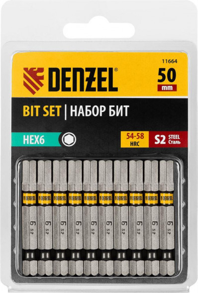 Набор бит DENZEL Набор бит HEX 6х50, сталь S2, шестигранный профиль, 10 шт. 11664