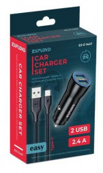 Автомобильное ЗУ EXPLOYD EX-Z-1447 АЗУ Type-C 2.4A 2хUSB чёрный