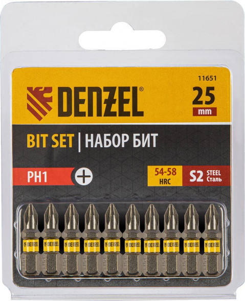 Набор бит DENZEL Набор бит PH1х25, сталь S2, шестигранный профиль, 10 шт. 11651