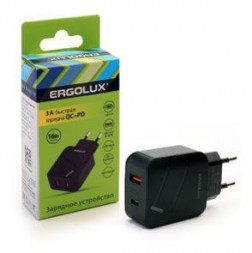 СЗУ ERGOLUX (15108) ELX-РA01QC-C02 (Сетевой адаптер 18Вт 1USB+1Type C, 100-220В, 5-9V/3А, QC, Черный, Коробка)