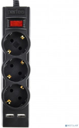 Сетевой фильтр PERFEO (PF_E1639) "POWER-S", 1,8м, 3 розетки 10А, 2USB, 2500 Вт, двойная защита, черный