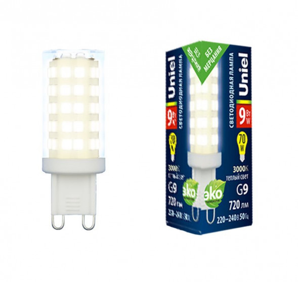 ЛАМПЫ СВЕТОДИОДНЫЕ (G4, G9, G13/T8, G5/T5) UNIEL (UL-00006488) LED-JCD-9W/3000K/G9/CL GLZ09TR