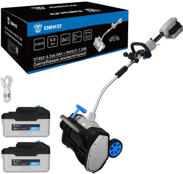 Снегоуборщик аккумуляторный DEKO ST402-6, 2*20В, 2*6.0Ач со съёмной фарой DKHL01 2.0Ач 083-4444