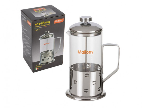 Чайник заварочный MALLONY Чайник/кофейник (кофе-пресс) Caffe, 600 мл, из жаропр стекла, в корпусе из нерж стали, B535-600ML (950146)