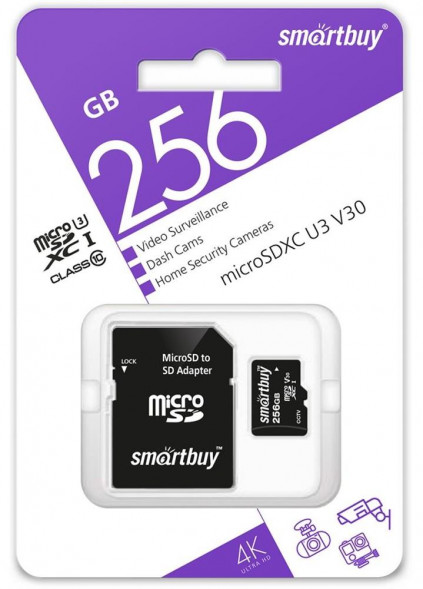 Карта памяти SMARTBUY (SB256GBSDCCTV) micro SDXC 256GB cl10 U3 V30 + адаптер