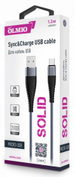 Дата-кабель OLMIO SOLID Дата-кабель USB - microUSB 2.1A 1.2М круглый титан (39049)