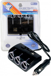Разветвитель NOVA BRIGHT электропитания от прикуривателя 3 гнезда + 2 USB-порта, 1000мА, 12/24В 46902