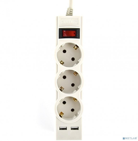 Сетевой фильтр PERFEO (PF_E1642) "POWER-S", 5,0м, 3 розетки 10А, 2USB, 2500 Вт, двойная защита, серый
