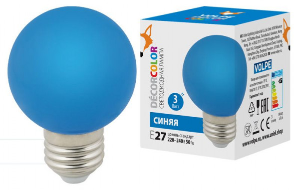 ЭЛЕКТРИКА VOLPE LED-G60-3W/BLUE/E27/FR/С