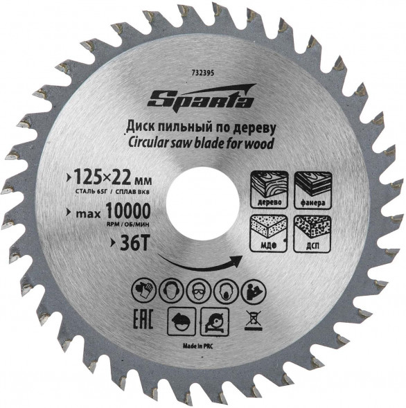 Полотна для ножовки SPARTA Пильный диск по дереву, ф125 х 22 мм, 36 зубьев// SPARTA Пильный диск по дереву, ф125 х 22 мм, 36 зубьев//