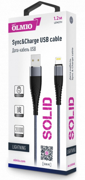 Дата-кабель OLMIO "SOLID" Дата-кабель USB - 8 Pin 2.1A 1.2М круглый титан (39048)