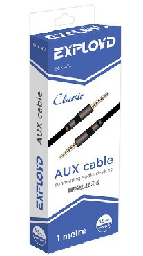 Кабель AUX Jack 3,5mm EXPLOYD EX-K-474 Кабель AUX Jack3,5mm(M) - Jack3,5mm(M) 1M Classic плоский черный