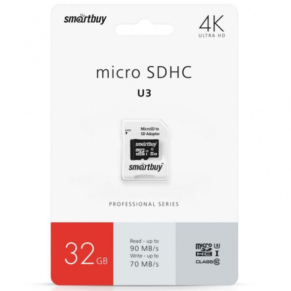 Карта памяти SMARTBUY (SB32GBSDCL10U3L-01) MICRO SDHC 32GB CLASS10 PRO U3 R/W: 95/60 MB/S (с адаптером SD)