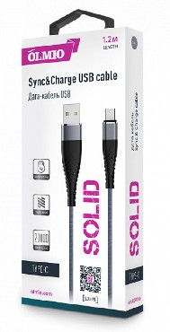 Дата-кабель OLMIO "SOLID" Дата-кабель USB - TYPE-C 2.1A 1.2М круглый титан (39050)