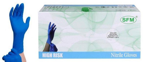 Перчатки SFM Перчатки HIGH RISK НИТРИЛ (30см) нестер. неопудр. текстур. хлоринация однокр. БОЛ. (L, 8-9) (SFM,Германия)