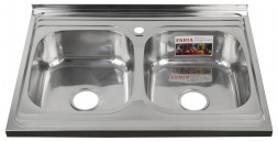 Мойка накладная FABIA 62279 Мойка 80х60 наклад двойная 0.8 мм + большой сифон с переливом