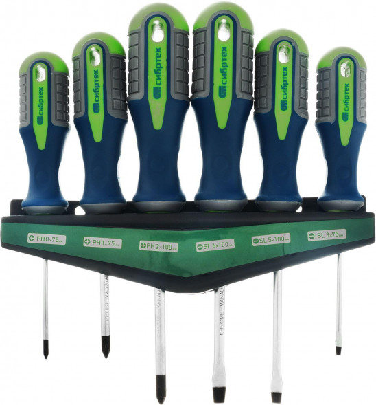 СИБРТЕХ Набор отверток, CrV, трехкомпонентные рукоятки, 6 предметов 13374