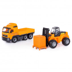 Игрушка ПОЛЕСЬЕ Volvo , автомобиль бортовой + автокар + конструктор Супер-Микс - 30 элементов на поддоне (в коробке) 1565 4040