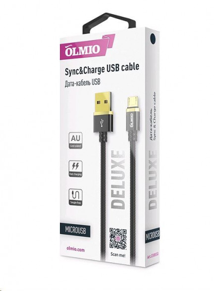 Кабель MICROUSB OLMIO DELUXE USB 2.0 - MICROUSB, 1м, 2.1A, черный (38853)