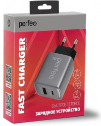 СЗУ PERFEO (I4669) 2 порта USB-A+TYPE-C, 20W, серый