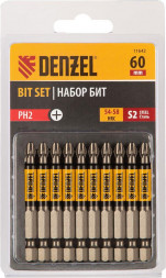 Набор бит DENZEL Набор бит PH2х60, сталь S2, круглый профиль, 10 шт. 11642