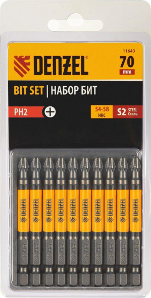 Набор бит DENZEL Набор бит PH2х70, сталь S2, круглый профиль, 10 шт. 11643