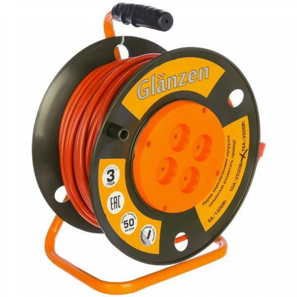 Удлинители GLANZEN EB-50-008, на катушке, б/з, 4 роз - 50м