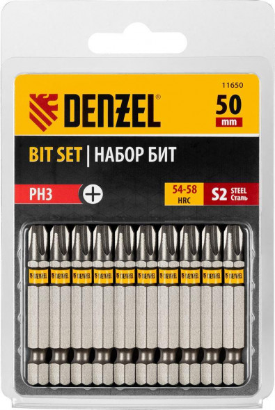 Набор бит DENZEL Набор бит PH3х50, сталь S2, шестигранный профиль, 10 шт. 11650