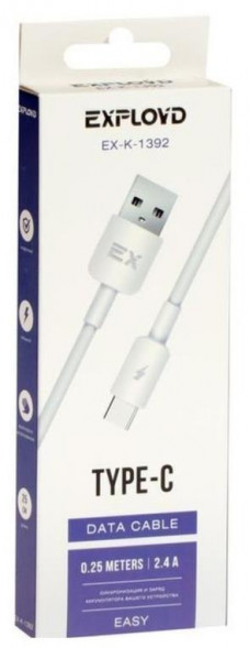 Дата-кабель EXPLOYD EX-K-1392 Дата-кабель USB-TYPE-C 2.4A 0.25M круглый силикон белый