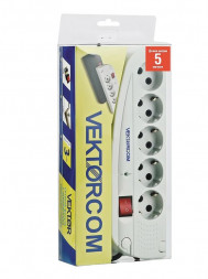 Удлинитель VEKTOR Фильтр сетевой VEKTOR СОМ, 4 роз. с/з+1роз. б/з, 5,0м (005619)