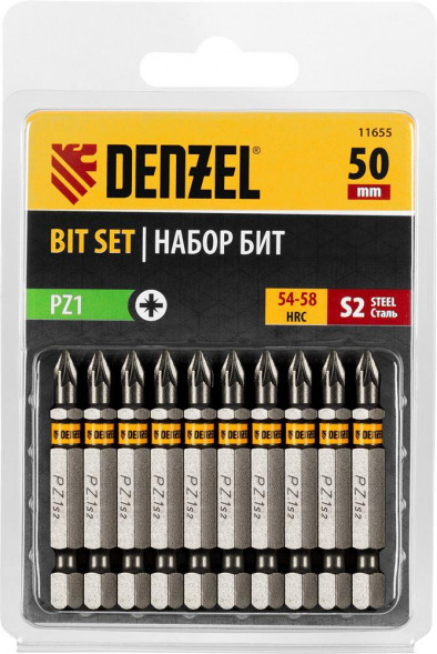 Набор бит DENZEL Набор бит PZ1х50, сталь S2, шестигранный профиль, 10 шт. 11655