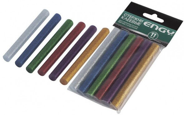 Пистолет клеевой ENGY Стержни клеевые цветные, с блестками,11х100 мм, 6 шт (007587)