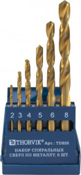 Набор сверл THORVIK TDBS6 Набор спиральных сверл по металлу HSS TiN в пластиковом кейсе, d2.0-8.0 мм, 6 предмето