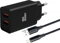 СЗУ AKSBERRY (6900209210016) T38 2 USB 2.4A + кабель Lightning, черный