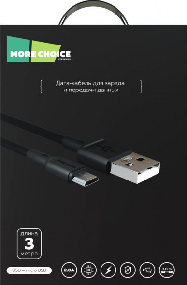 Кабель MORE CHOICE (4620202551023) K19m USB 2.0A для micro USB - 3м Black
