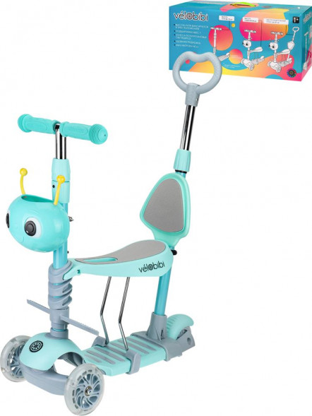 Самокат VELOBIBI 3-х колесный Dynamic (3 в 1 кол.120/96 мм и PU+PVC со свет., до 40кг) голубой И-9969 ПП-00216361