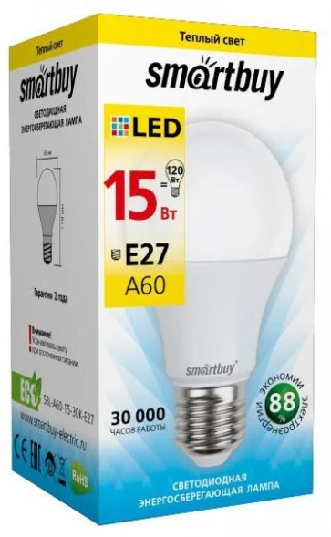Светодиодная лампа SMARTBUY (SBL-A60-15-30K-E27) 15W/3000/E27