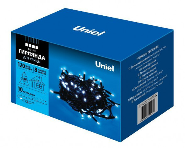 Гирлянда UNIEL (UL-00005264) ULD-S1000-120/DBA WHITE IP67 Гирлянда светодиодная с контроллером, 10м. 120 светодиодов. Белый свет. Провод черный. ТМ Uniel