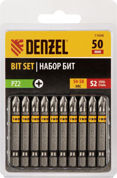 Набор бит DENZEL Набор бит PZ2х50, сталь S2, шестигранный профиль, 10 шт. 11656