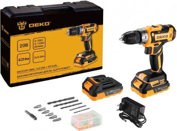 Аккумуляторная дрель-шуруповерт DEKO DKCD20V в кейсе + набор 63 инструмента для дома, 20В, 2х3.0Ач 080-1009