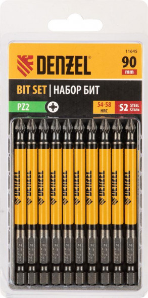 Набор бит DENZEL Набор бит PZ2х90, сталь S2, круглый профиль, 10шт. 11645