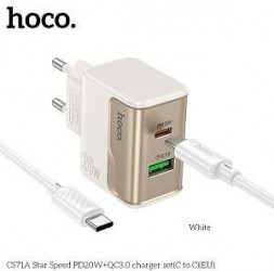 СЗУ HOCO (6942007653718) CS71Aaa 1USB+1Type-C 3.0A PD 20W+QC3.0 для Type-C Type-C , 1м White