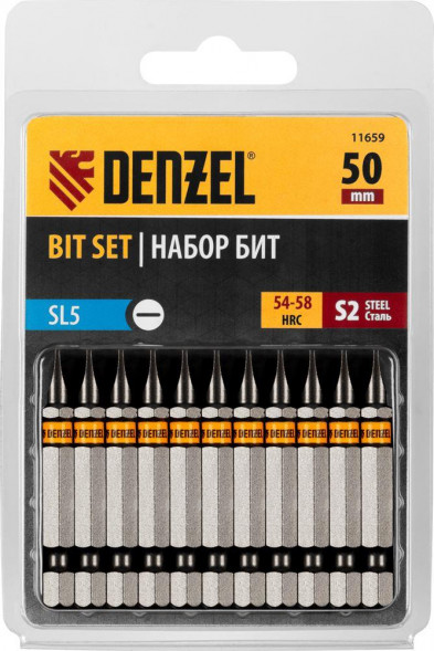 Набор бит DENZEL Набор бит SL5,0х50, сталь S2, шестигранный профиль, 10шт. 11659