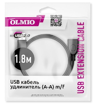 Кабель AM-AF OLMIO Кабель-удлинитель USB 1.8М (А-А) M/F черный (38651)