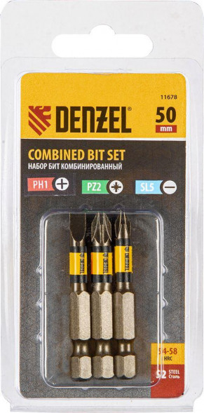 Набор бит DENZEL Набор бит комбинированный 3 шт., PH2, PZ2, SL5, 50 мм, сталь S2 11678