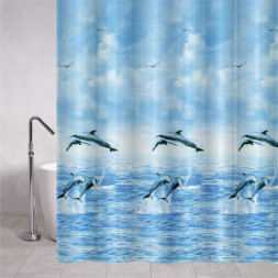 Штора САНАКС 06-07 Штора с рисунком, дельфины, матовая, в ванную комнату, с кольцами, PEVA, 180 х 180 см.