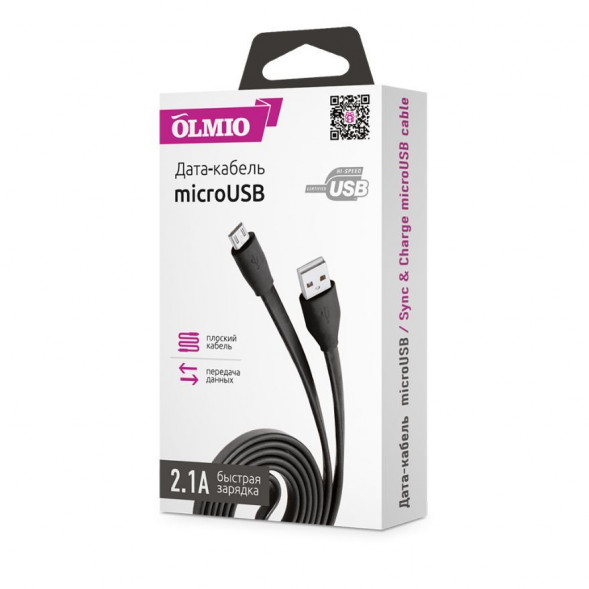 Дата-кабель OLMIO microUSB 2.1A -1М плоский черный (38658)