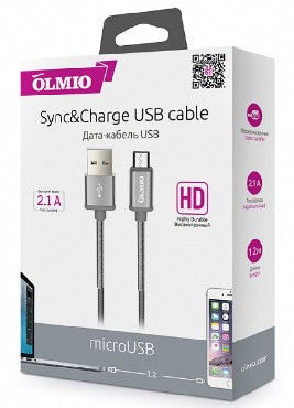 Дата-кабель OLMIO HD кабель USB - microUSB 2.1A 1.2М круглый серый (38646)